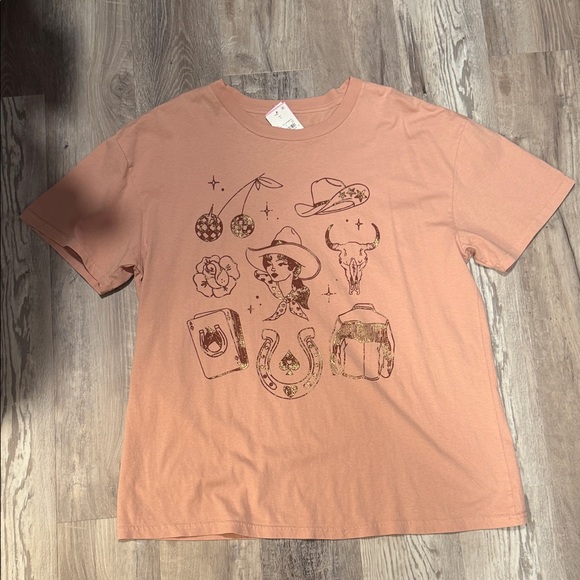 Mighty Fine Tops - Mighty Fine Pink Graphic T-Shirt with Western Motifs